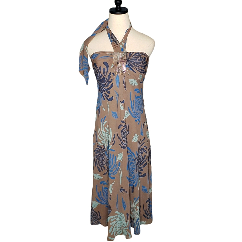 Max & Cleo Beige and Blue Patterned Midi Dress